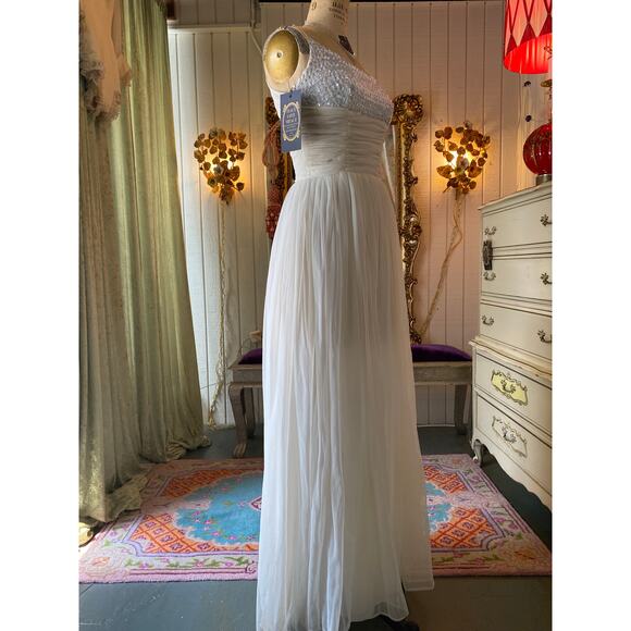 vintage 1960s white sequin and chiffon gown xs iridescent prom wedding formal 60 - Picture 5 of 12